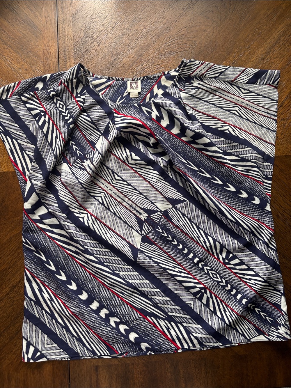 Anne Klein Navy, White & Red Geometric Short-Sleeve Shirt